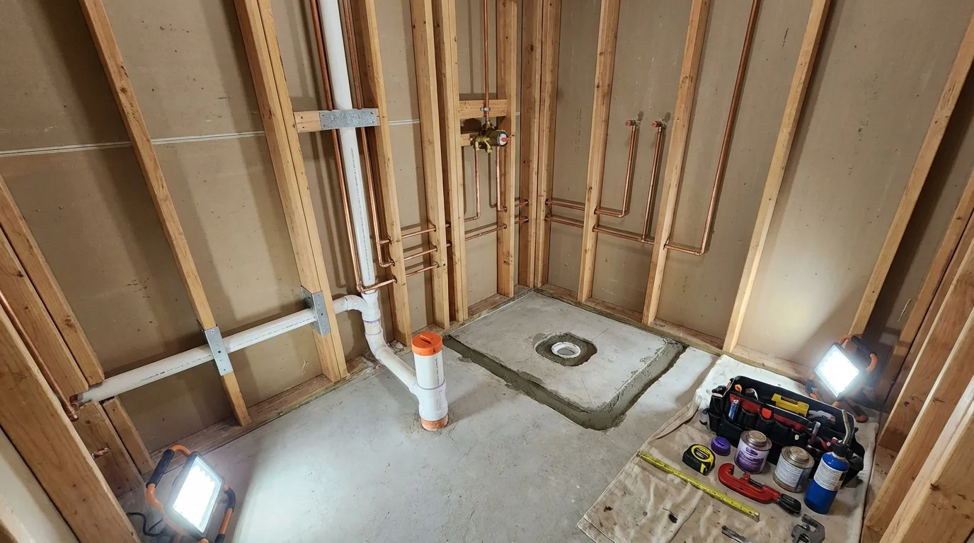 Bathroom rough-in plumbing during remodel by Johns Plumbing LLC in Sylvania