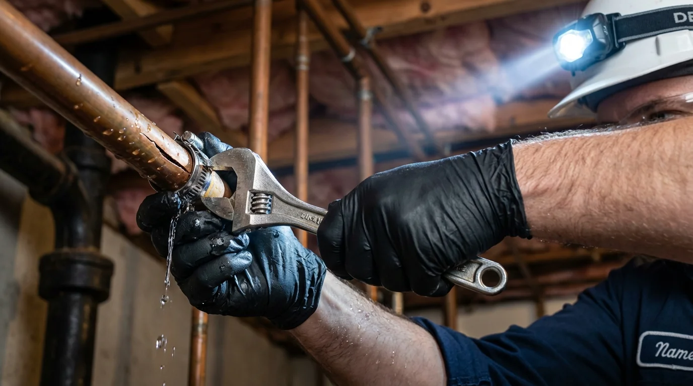Emergency pipe clamp repair being performed by a Johns Plumbing LLC plumber in Sylvania