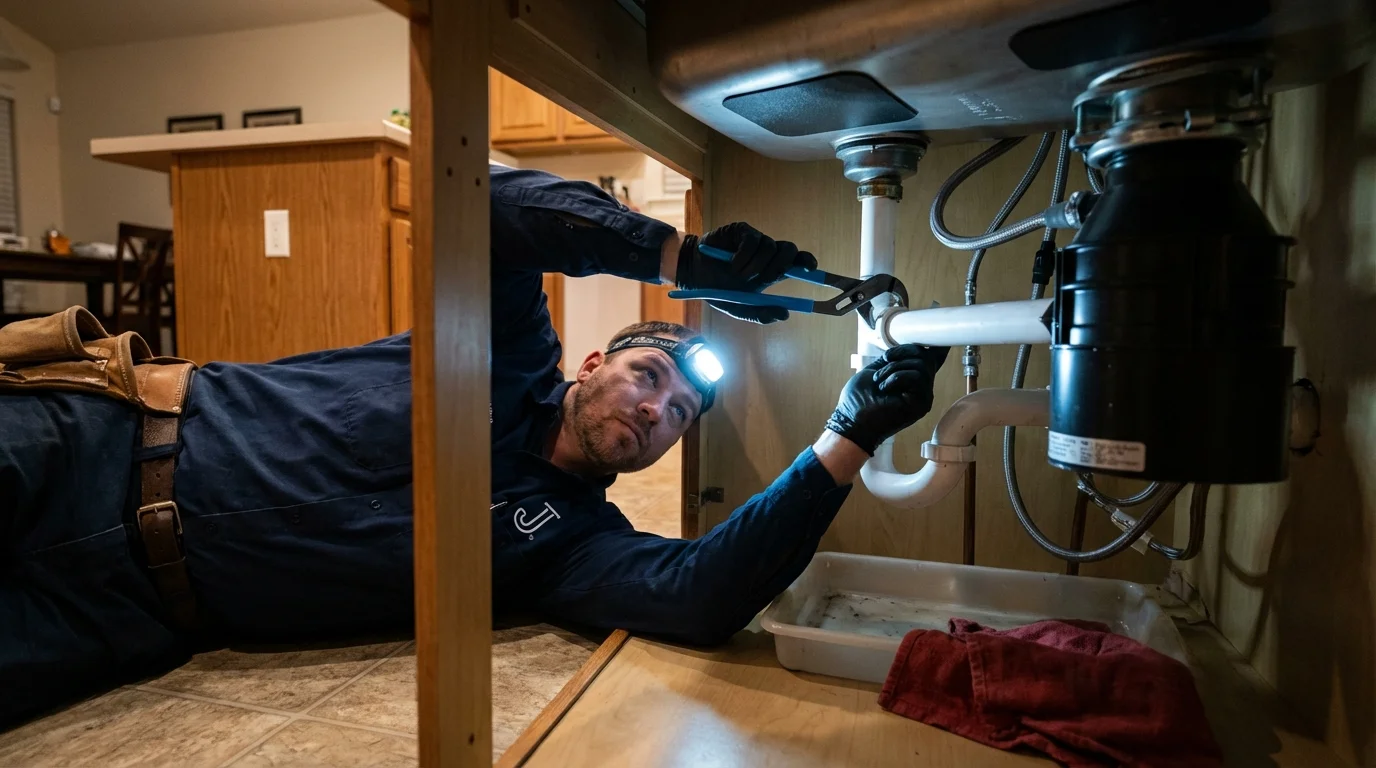 P-trap and supply line connections under a kitchen sink showing a common leak point in Sylvania, GA